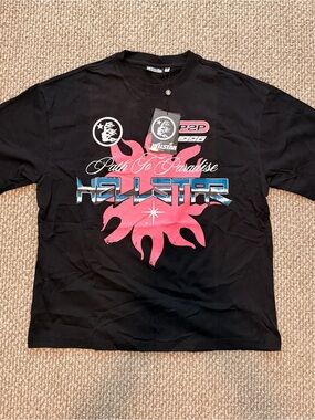 HELLSTAR Men’s Black Graphic Tee with Pink & Blue Logo